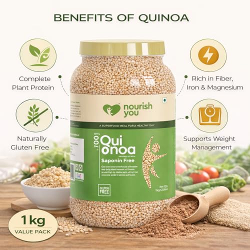 Image of Nourish You White Quinoa 2 kg + 2 kg Super Value Pack Combo | Gluten & Saponin Free | 16.5g Protein per 100g Rich in dietary fibre | Wholegrain Certified Grain | Diet Food for Weight Management | Healthy Breakfast cereal