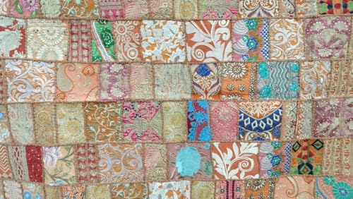 Image of Ekam Art Rajasthani Handmade Embroidery Cotton Patchwork Tapestry Cotton Wall Decor Hanging Beaded Tapestries 40 x 60 Inch (Orange)
