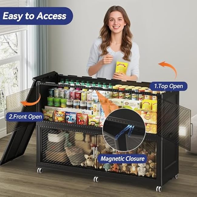 320GAL Extra Large Stackable Storage Bins with Lid, 1280QT Plastic Closet Organizer and Storage Cabinet with Wheels and Doors, Folding Storage Box Container for Home Organization, 4Pack Black