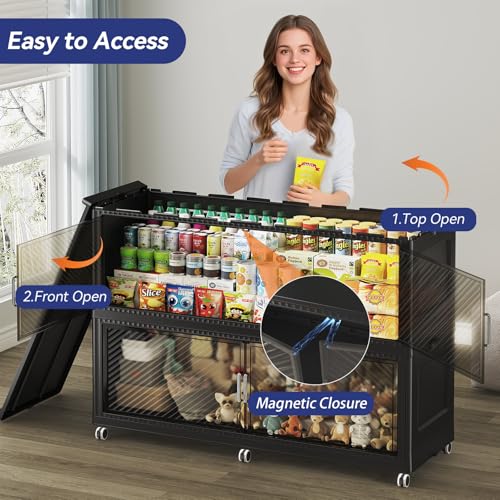 Image of 240 Gallon Extra Large Collapsible Storage Bin with Lid, 960QT Stackable Plastic Organizer with 6x Wheels, Foldable Drawer Cabinet for Closet, Living Room Office, Kitchen 3Pack, Black