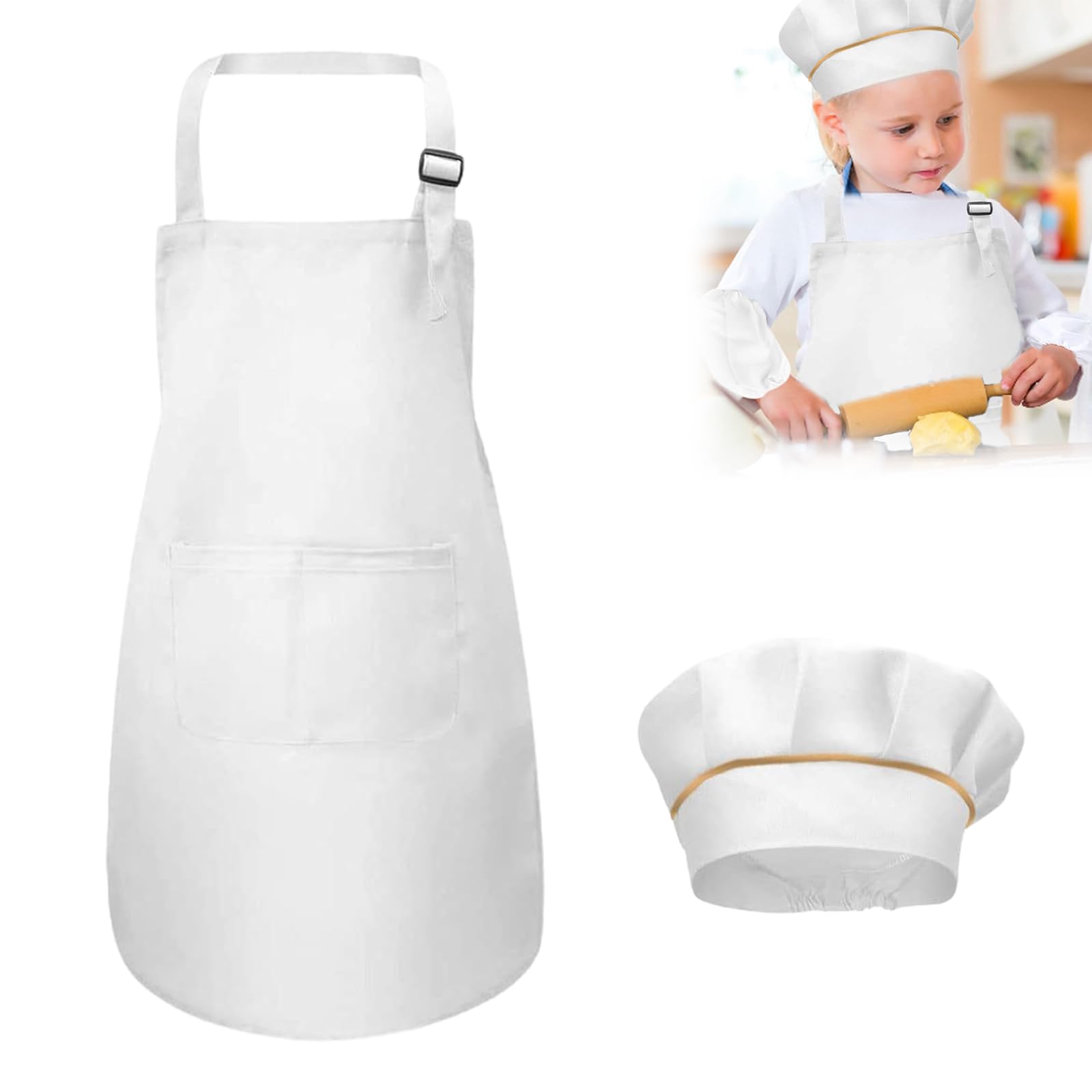 Kids Painting Apron, Kids Apron And Chef Hat Set, Anti Dirty Tops With Pocket, Children Pinafore And Hat Set, Adjustable Chef Pinafore With Pockets for Children Between 120-150 CM in Height