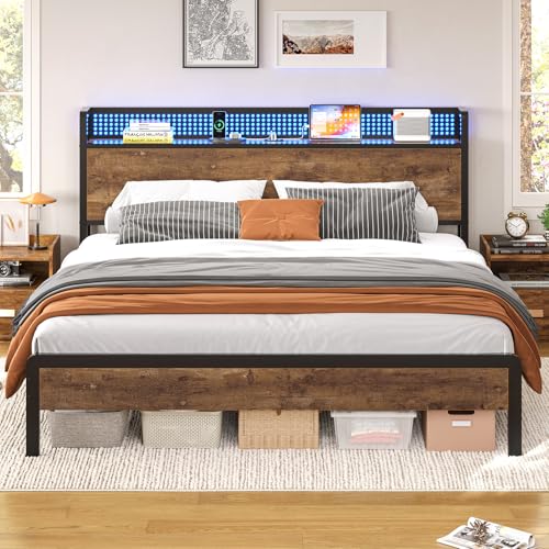 Lit 160x200 avec Sommier et Rangement, Cadre de Lit 160x200 en Métal avec Éclairage LED Réglable et Multiprise, Tête de Lits avec Panneau Perforé, Lits...