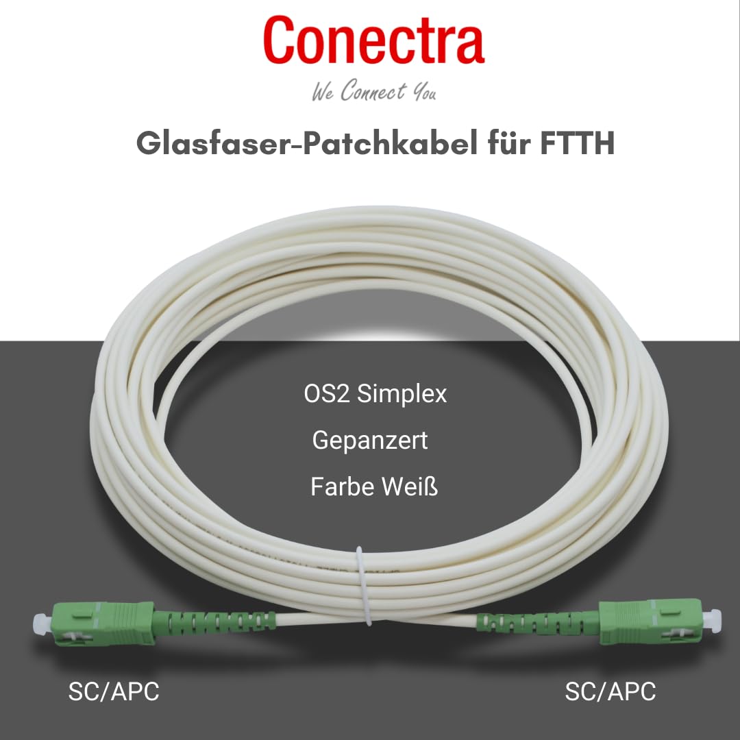 Cable de fibra óptica blindado | OS2 | SC/APC a SC/APC | blanco | ideal para redes domésticas | apto para Deutsche Telekom, Vodafone, 1&1, fibra óptica alemana y muchos más (longitud 100