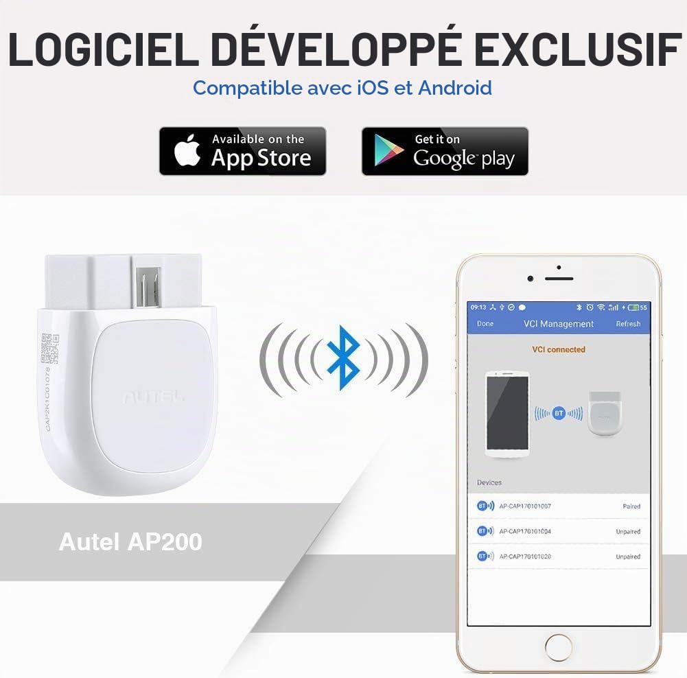 Autel AP200 Adaptateur Bluetooth Scanner OBD2 avec Diagnostics de Tous Les Systèmes, 19 Fonctions Spéciales, AutoVin pour Les Bricoleurs Familiaux, Version Simplifiée du MK808