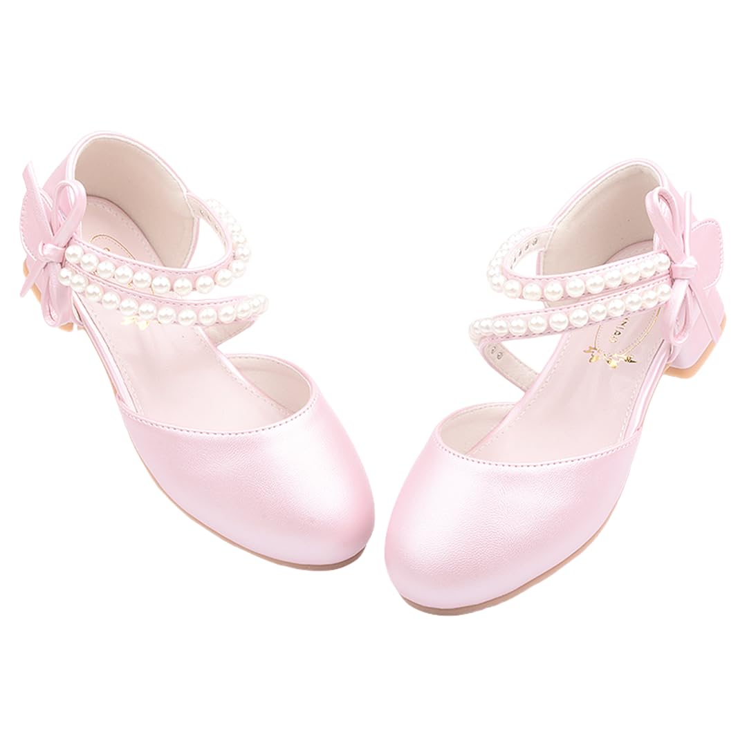 JGKDTX Toddler Flower Girl Princess Dress Shoes Pearl Straps Wedding Bridesmaids Party Low Heels Mary Jane Pumps for Little Girl (Pink, Little Kid, 1, Numeric, US Footwear Size System, Medium)