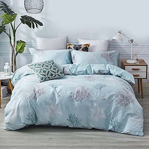 Brandream Coastal Beach Bedding Set Queen Size 100% Cotton Duvet Cover Set Tropical Coral Seashells Bedroom Set 3-Piece (No Comforter) #TOP2