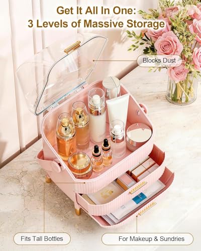 Image of JIALTO Storage Box, Organiser for Makeup & Skincare, Large Makeup Organizer with Dustproof Cover & Drawers, Cosmetic Storage for Dressing Table, Bathroom Vanity Organizer for Lipsticks Perfumes (Pink)