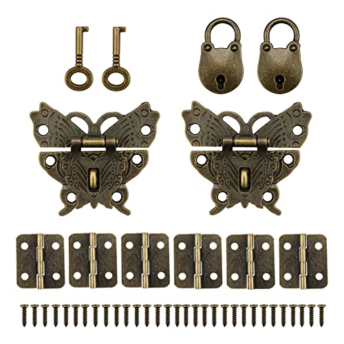 oupados 2 Papillon Loquet Fermoirs et 6 Petite Mini Charnières et 2 Mini Cadenas à Clé Style Antique Vintage, avec Vis, Rétro Moraillon pour Boîte Bijoux Armoire Décoration Cover
