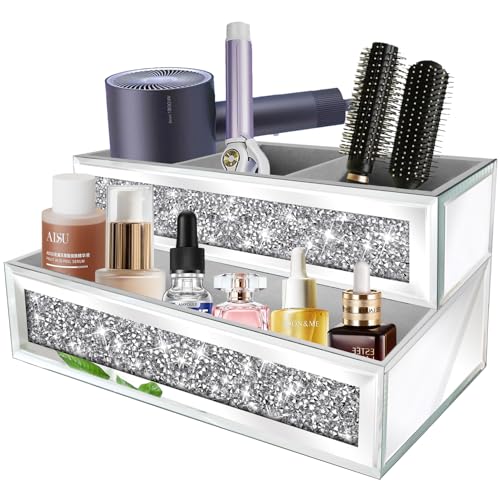XIHACTY Mirror Hair Dryer Holder Upgrade Crystal Crush Diamond Hair Tool Organizer Wall Mount. Silver Bathroom Cabinet Tray for Blow Dryers, Hairdryer Straightener, Makeup,Brushes .(10.5”x7”x5”)