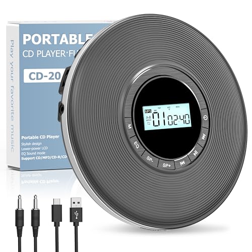 Image of Sunoony CD Player,Portable CD Player for Car,Personal Disman CD Player with Headphones Jack,LCD Display,Anti-Skip,Aux in Cable /TF Slot,2*AA Batteries or Type-C Supply for Home(Grey)