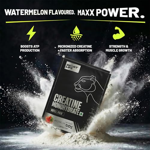 Image of Beastlife Pure Super Micronised Creatine & Shaker Pack | 50 g | 13 Servings | Watermelon | NABL Lab Tested | Rapid Absorption for Muscle Strength & Athletic Performance | Super Micronised Creatine Powder
