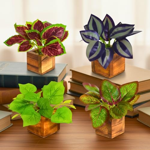 Image of DecoreBugs Artificial Leaves Potted Plants in Wooden Pot (4 Pack) Money Plant | Small Plants for Home Decor | Office Decor