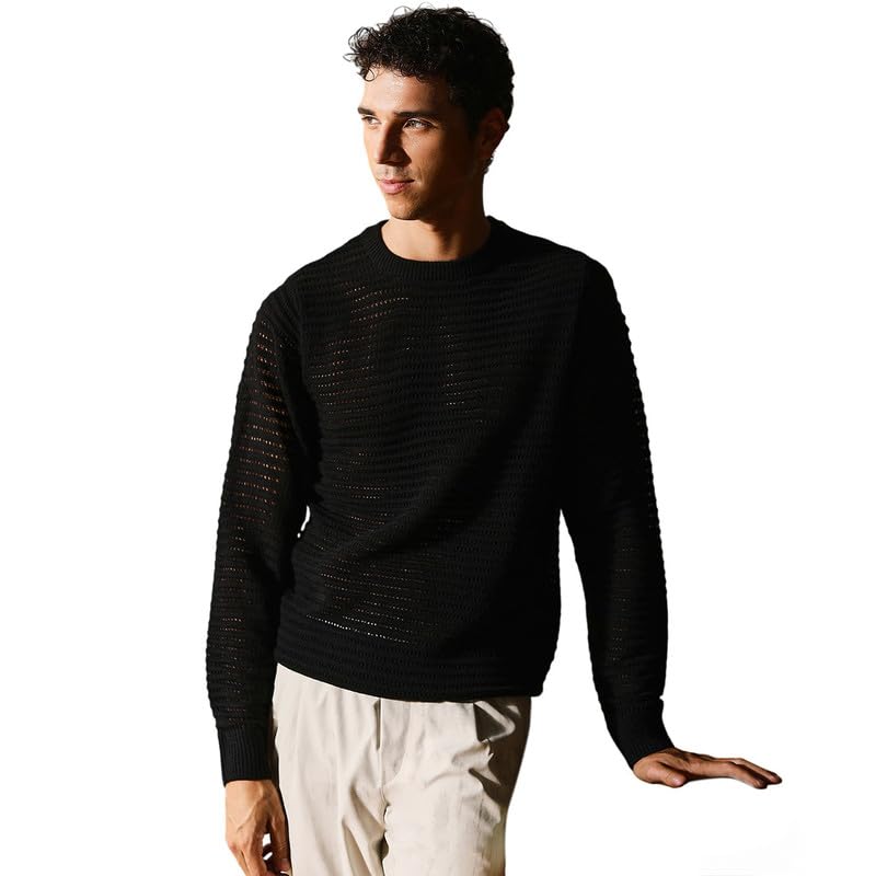 cahoot Men Sweater | Crew Neck, Long Ribbed Cuff Sleeves | Pull On, Ribbed-Straight Hem | Solid Jacquard | Knitted Fabric for Casual Chocolate Brown-picture-10