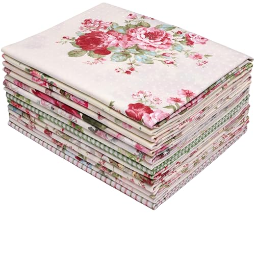 Hanjunzhao 14 Pcs Plaid Vintage Floral Print Fabric Fat Quarters