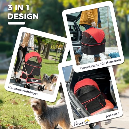 PawHut Hundewagen 2 in 1 Hundebuggy Faltbar klappbar Katzenwagen bis 10kg mit Aufbewahrungskorb, Kissen, Netzfenster, 360° drehbare Räder mit Bremse, Haustierbuggy für kleine Hunde, Rot