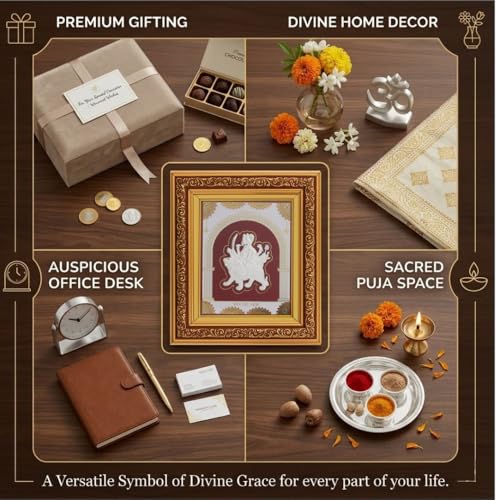 Image of 999 Pure Silver Durgamaa Frame | Divine Home Decor | Wall Mount Square Photo for Gift, Wooden PhotoFrame for Temple & OfficeDecor, SilverGift Items | hangingframe (10.50 inch x 9 inch Inch)