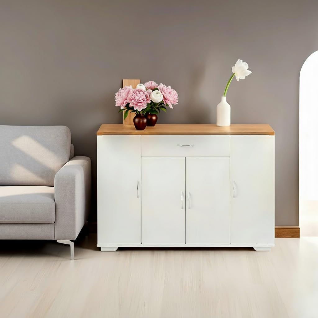 Comò Soggiorno Bianco 110 x 30 x 70 cm Comò Camera da Letto Mobile Soggiorno con 4 Ante e 1 Cassetto Credenza Bassa Mobile Contenitore per Ingresso Cucina