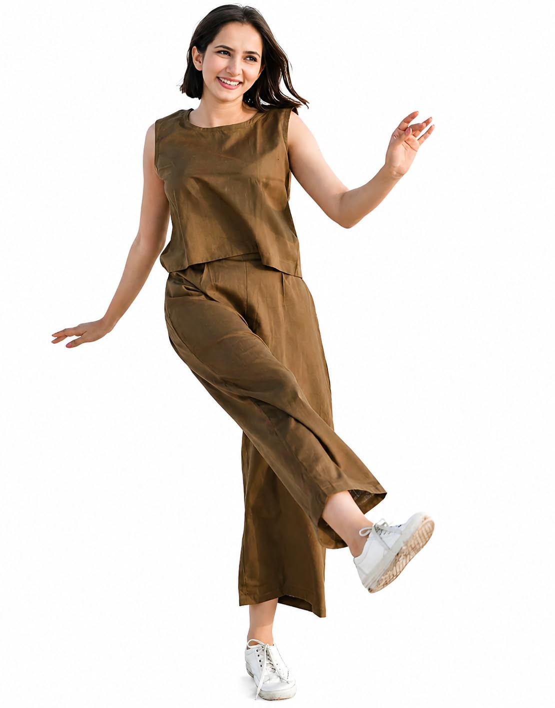 ak fashion mall Women's Solid Co-ord Set, Sleeveless Crop Top with Wide-Leg Pants, Casual Summer Wear-picture-38