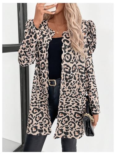 MakeMeChic Women's Leopard Print Puff Sleeve Jacket Blazer Open Front Scallop Trim Coat4