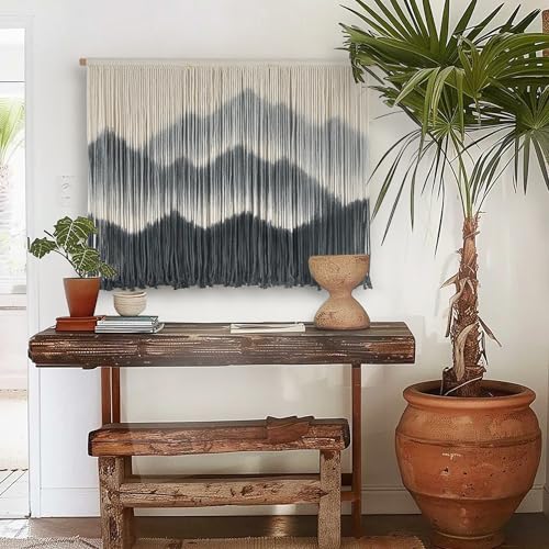 Image of IOWER Macrame Wall Hanging for Bedroom Living Room Black Dip-Dyed Boho Wall Decor Cotton Modern Home Decor27 W x 19 inch L