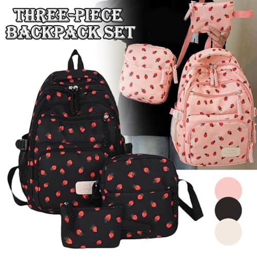 Coquette Strawberry Backpack,3PCS Cute Aesthetic Backpack Kawaii Daypack,Coquette Aesthetic Nylon Rucksack,for Women Fashion Travel Daypack2