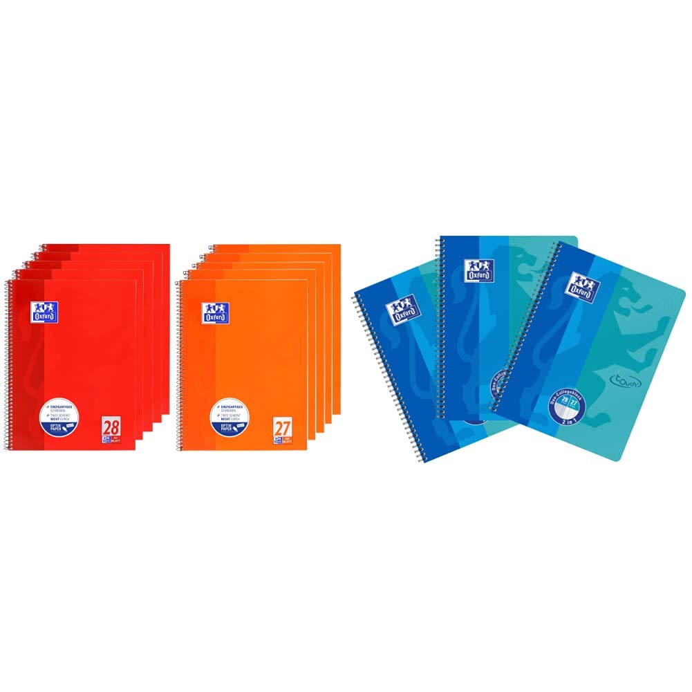 Oxford Schule Collegeblock A4, 5 linierte und 5 karierte Blöcke, rot, orange, 10er Pack & DUO Collegeblock A4 kariert und liniert kombiniert in einem Block, blau, 3er Pack