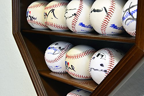 14 Baseball Ball Display Case Cabinet Holder Wall Rack Home Plate Shaped 98% UV Protection- Lockable -Cherry
