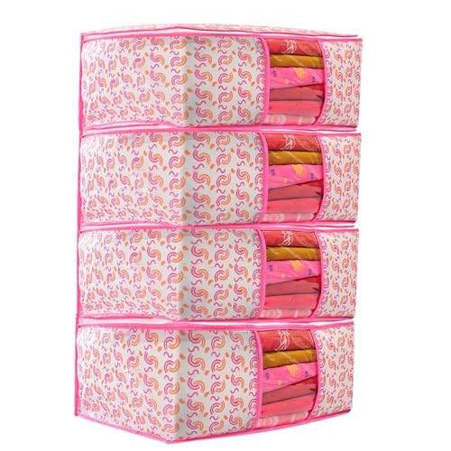 Image of Non-Woven Saree Covers with Zipper & Transparent Window | Clothes Storage Bags for Wardrobe Organization | Dustproof Garment Storage for Sarees, Dresses, and Clothes (Pink, Pack of 4)