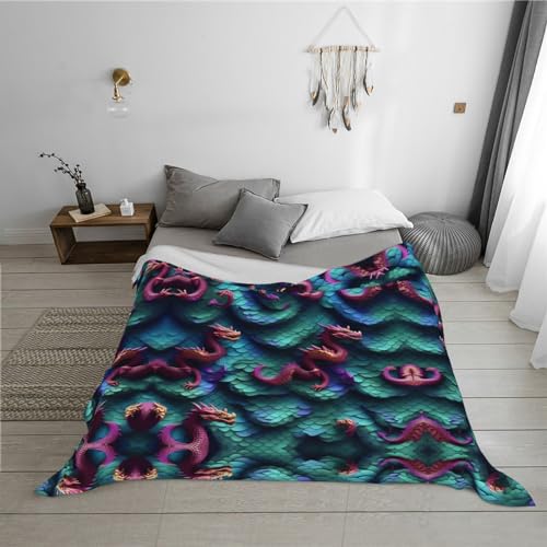 Couverture de lit de luxe à motif écailles de dragon, plaid flanelle doux 3D chaud