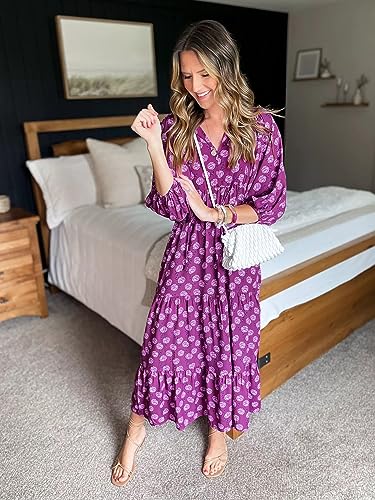 Image of miduo Womens Loose Fit Casual Summer V Neck Half Sleeve Bohemian Geometric Pattern Maxi Long Dresses