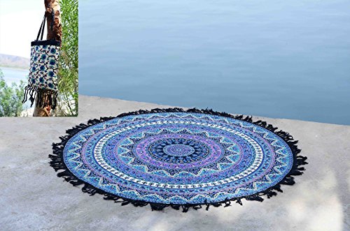 Apoorva impex Tassel Fringe Roundie Mandala Beach Throw, Round Mandala Beach Sheet, Tassel Fringing Mandala, Meditation Yoga Mat with Beautiful Carry Bag