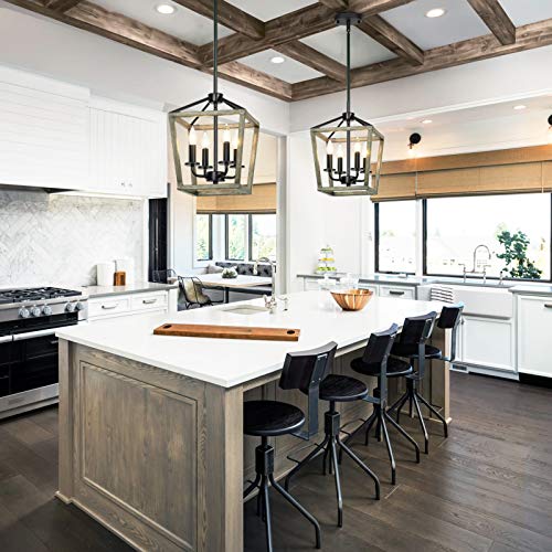 Lampundit 4 Light Farmhouse Chandelier Vintage Rustic Rectangle Lantern Metal Pendant Light Fixture For Dining Room Kitchen Foyer Entryway, Oak Wood +Black Finish #TOP2