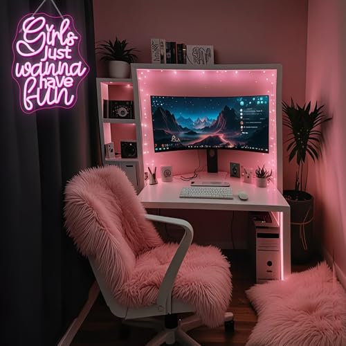 Image of Girls Just Wanna Have Fun Neon Sign 80's Party Decoration Retro Pink LED Neon Light Sleepover Party Girl Neon Signs for Wall Decor,for Bedroom Wedding Christmas Birthday