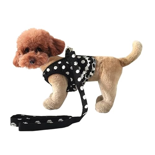 【アマゾン 候補】 ペットハーネス リードセット 水玉模様 ブラック - 超小型犬・小型犬・子犬・猫用 安全抜けない軽量ペットベスト 120cm 調整可能バッファーロープ 散歩・訓練・お出かけ万能 防走失ペット用品 (ブラック, S)