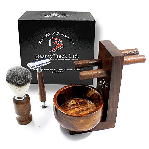 BeautyTrackVintage Pure Wood Shaving Kit Gift for Men - Safety Razor - Shaving Beard Brush Best Badger Hair Shaver Wood Handle Shaving Soap Bowl - Razor Stand Kit - Great Gift Idea for Christmas