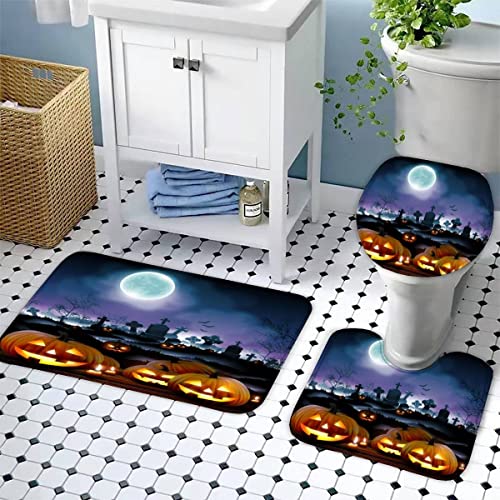 Zifarm Badematte rutschfeste 50x80 cm Halloween Badvorleger-Set 3D Kürbis Horror Gartengrabstein Mikrofaser Flanell… – Bild 3