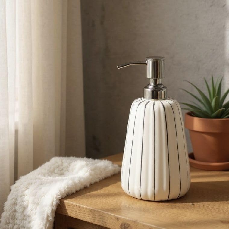 Image of Ceramic Soap Dispenser 330ml (Set of 1) | Multipurpose Liquid Soap, Lotion & Hand Wash Pump Bottle for Bathroom & Kitchen | White Stripe Design