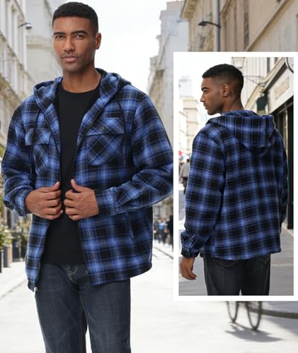 Image of V VALANCH Men's Flannel Shirt Jacket with Hood Fleece Lined Plaid Jacket Zip Up Winter Warm Coat