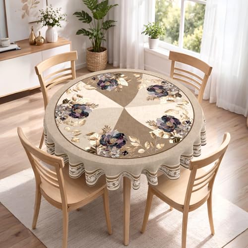 Image of Cloth Fusion Velvet Floral Round Shape Dining Table Cover Cloth 4 Seater with Stunning Gold Foil Design for Home Decor (60 Inch Round, Taupe)