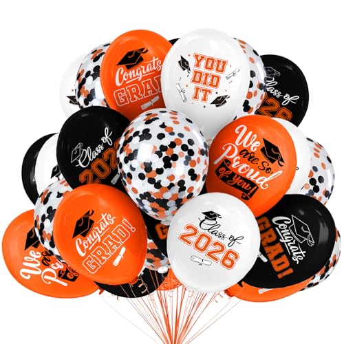 2026 Orange & Black Graduation Decorations Set - 63Pcs Graduation Grad Latex Balloons with Ribbons Congrats Grad Caps for College & High School Party Supplies