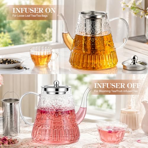 Image of 1500ml /52oz Large Glass Teapot, Zpose Vintage Tea Pot with Infuser for Loose Tea, Stovetop Glass Tea Kettle with strainer for 6-7 Cups