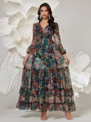 Image of TOLEEN Summer Casual Dresses for Women 2024 Spring Fashion Boho V Neck Long Sleeve Ruffle Floral Print Elegant Maxi Dress
