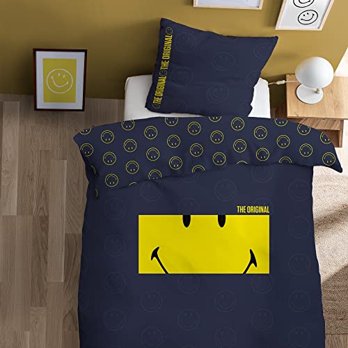 Smiley Original Frame Parure de Lit Enfant 140x200 + 63x63 cm | 100% Coton | Oeko-TEX | Bleu Nuit, Jaune