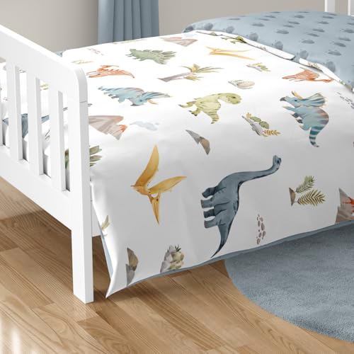 Image of Sweet Jojo Designs Watercolor Dinosaur Dino Boy Toddler Bedding Set Kids 5p Bed in a Bag Comforter Blanket Pillowcase Sham Sheets Green Slate Blue White Modern Jurassic Nature Animal Tracks Footprint