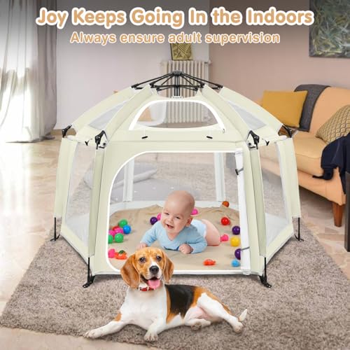 Image of Pop Up Playpen for Baby, Portable Playpen for Babies and Toddlers with Removable Sun-Shades& 2 Side UV Covers, Lightweight Outdoor Baby Play-Pen for Beach Home with Travel Bag, Beige