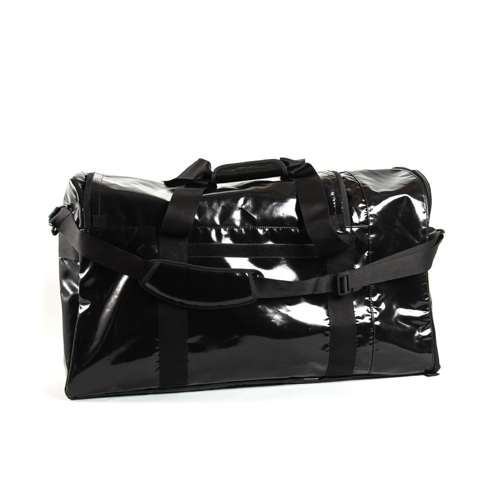 Bekleidungstasche 86L Schwarz - Feuerwehr Tasche & Rettungsdienst Tasche aus PVC Plan-Material - Sporttasche - Einsatztasche mit Schuhfach, Reflektorstreifen, Schultergurt, große Reisetasche