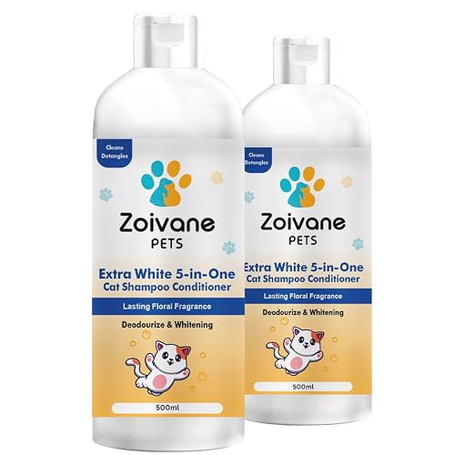 ZOIVANE 5 in 1 Extra White Cat Shampoo with Conditioner (500ml X 2 Pack) | Reduces Hair Fall | Enhances Coat Brightness | Ideal for Persian Cats, Kittens & All Breeds