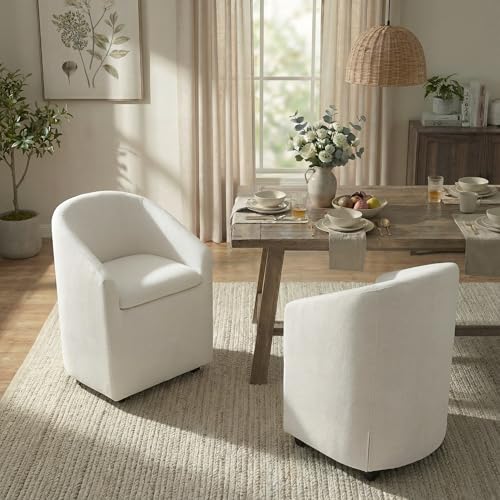 Image of KISLOT Upholstered Dining Chairs with Casters, Washable Cover Modern Dining Room Chairs with Barrel Backrest & Dual Armrest for Kitchen, Living Room, Bedroom, Linen Fabric, 2PCS