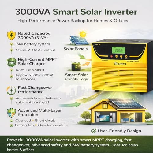 Image of EAPRO TRON 3200 3000VA 24V Solar PCU | Lithium Compatible | AI-MPPT | Dual & Single Battery | Supports 6 Panels (520-590Wp) | Pure Sine Wave | RTC Smart Charging | 3 Years Warranty
