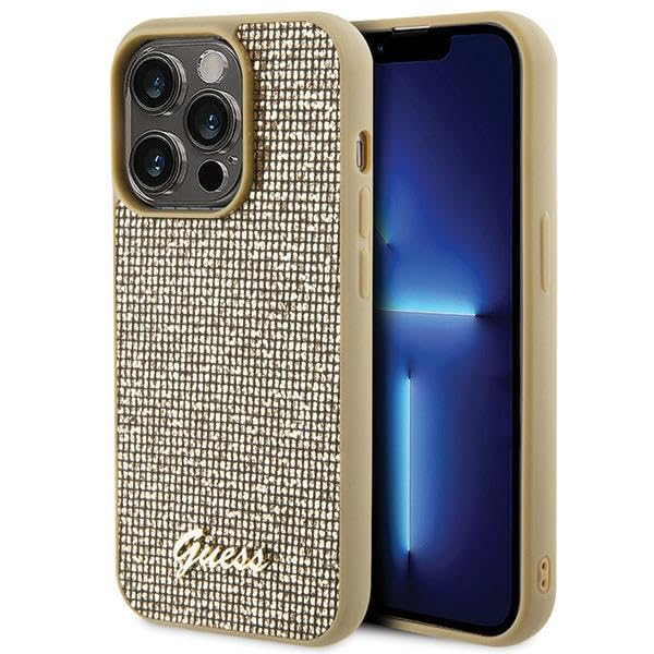 Guess GUHCP15LPMSDGSD Coque pour iPhone 15 Pro 6,1" Doré Coque Rigide Disco Métal Script